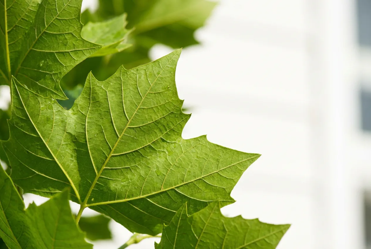 Gros plan sur les feuilles vertes d'un mûrier platane avec une façade de maison floue en arrière-plan.