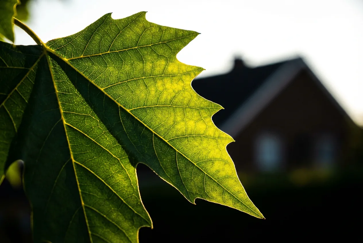 Gros plan sur une feuille de mûrier platane avec maison en arrière-plan flou
