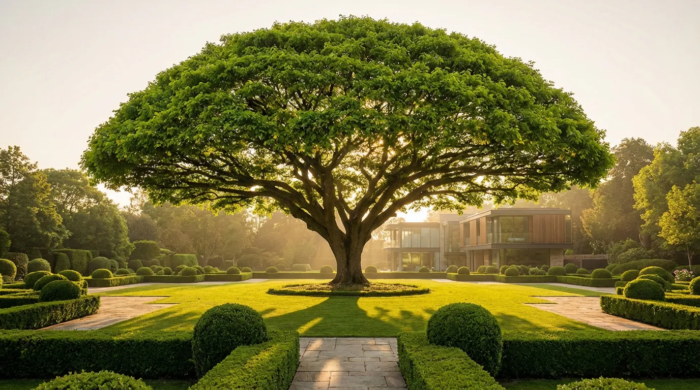 Mûrier platane : distance idéale et esthétique au jardin Mûrier platane adulte en forme de parasol planté à distance sécuritaire d'une maison moderne dans un jardin ensoleillé