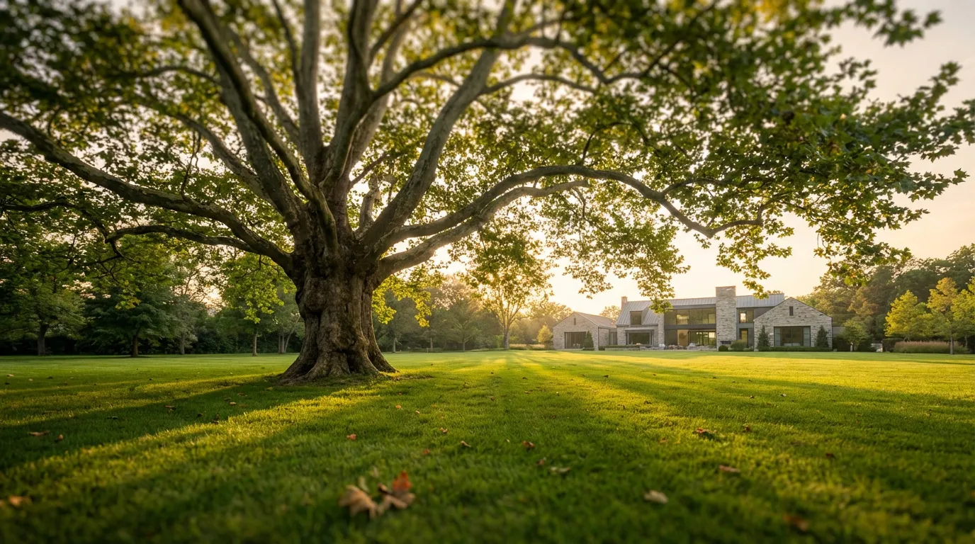 Vue d'ensemble d'un mûrier platane en forme de parasol planté à bonne distance d'une maison moderne dans un jardin soigné.