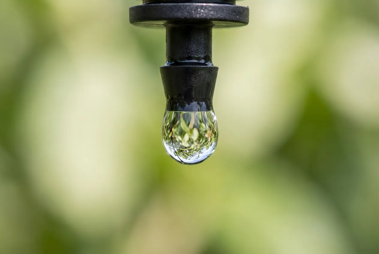 Gros plan macro d'une goutte d'eau perlant d'un tuyau d'irrigation noir