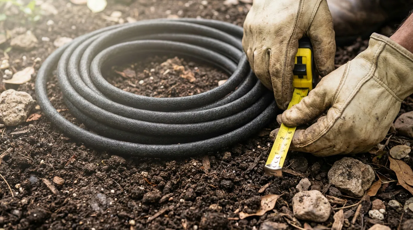Jardinier installant et mesurant la longueur d'un tuyau goutte à goutte sur le sol