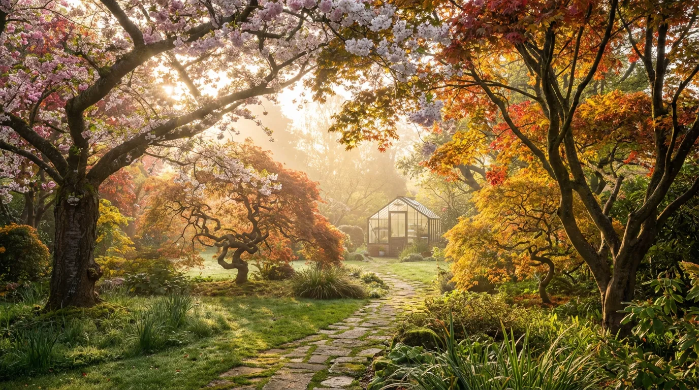 Jardin d'Éden Luxuriant Vue panoramique d'un jardin d'Éden luxuriant baigné par la lumière dorée du soleil, montrant une diversité de fleurs et d'arbres