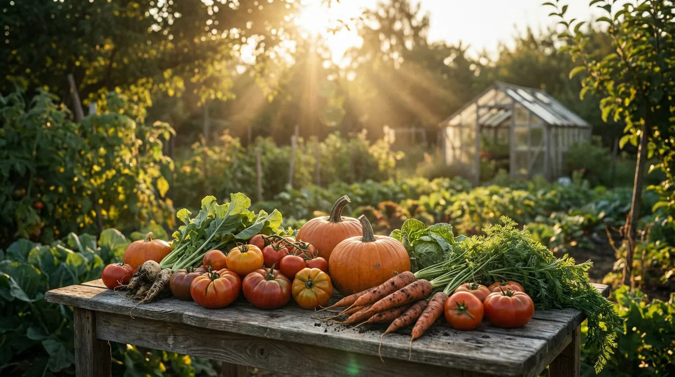 Table rustique remplie d'une récolte abondante de légumes frais dans un potager luxuriant au coucher du soleil.