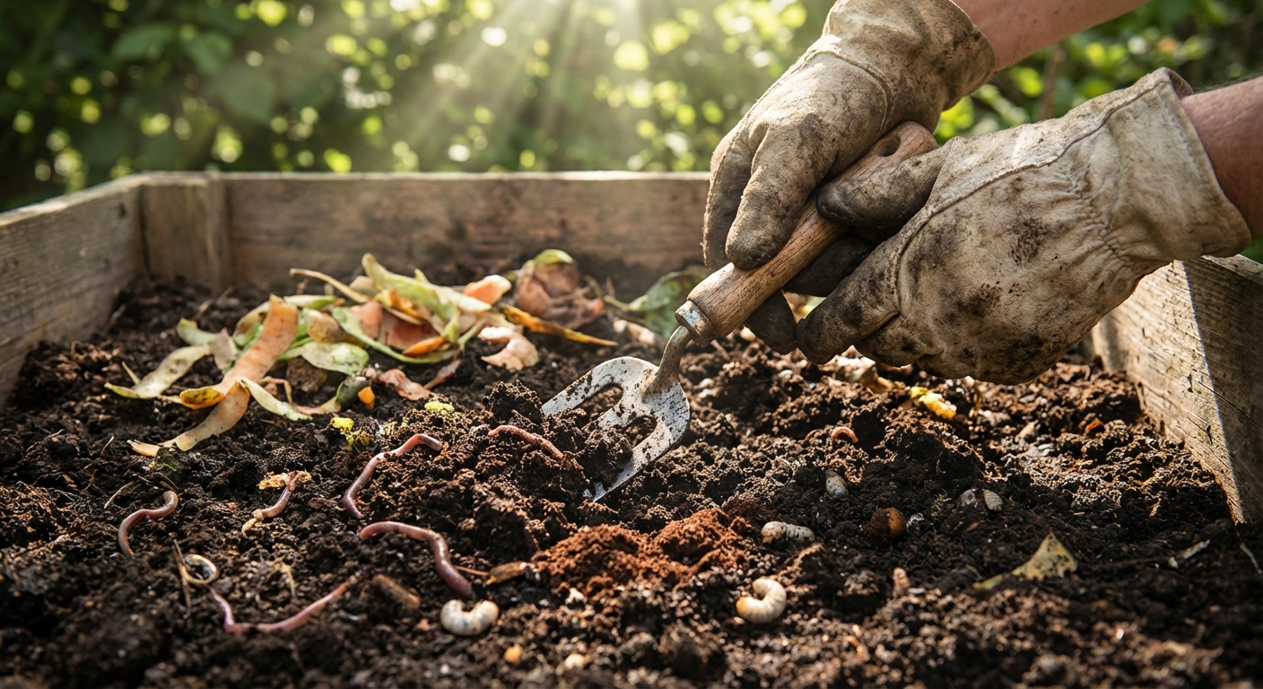 Mains d'un jardinier retournant le compost pour montrer l'activité biologique des asticots
