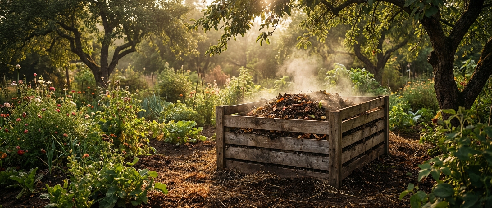 Un bac à compost en bois dans un jardin luxuriant sous la lumière dorée du matin avec une légère brume