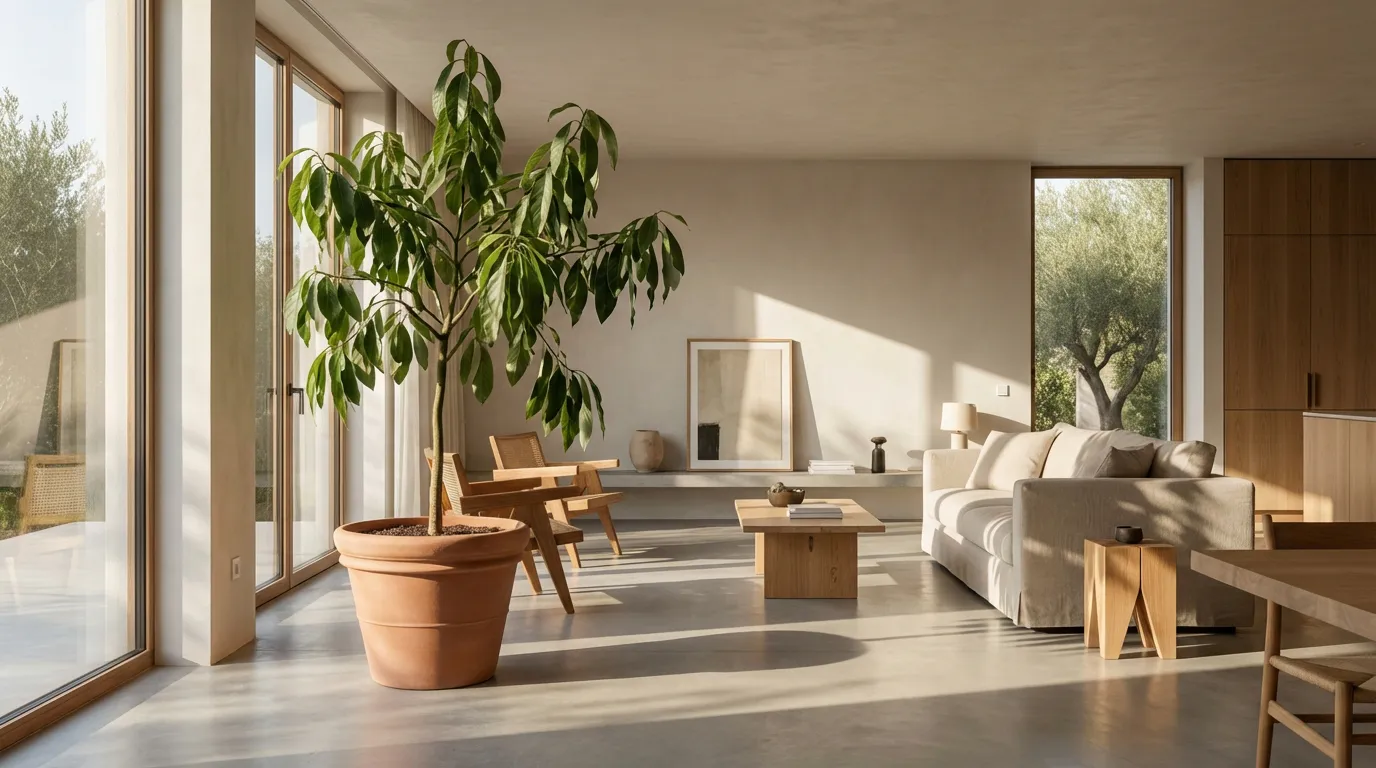 Avocatier en pot aux feuilles tombantes dans un salon moderne baigné de lumière