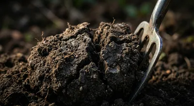 Gros plan sur une motte de terre brisée par un outil de jardinage.