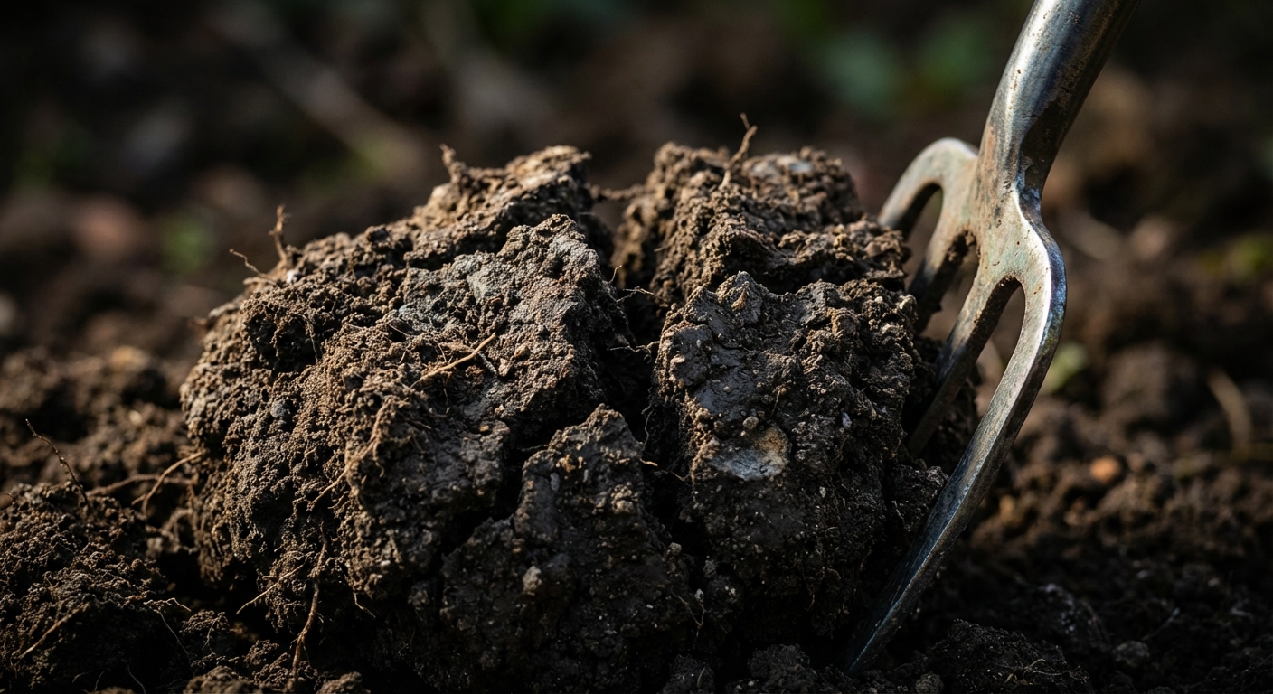 Comment bien briser les mottes de terre de votre jardin Gros plan sur une motte de terre brisée par un outil de jardinage.