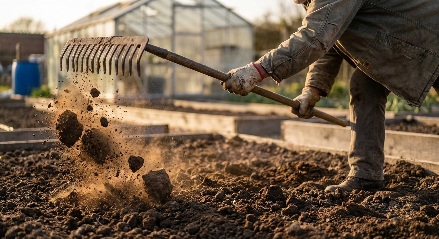 Un jardinier affinant la terre en brisant les mottes avec un râteau.