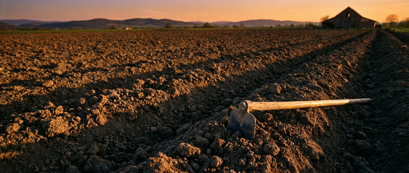 Vue panoramique d'un jardin fraîchement labouré sous une lumière dorée de fin de journée.