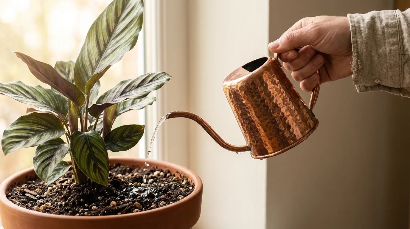 Arrosage précis d'un Calathea avec un arrosoir en cuivre