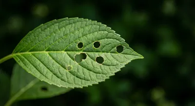 Gros plan minimaliste d'une feuille d'hortensia avec des trous de parasites.