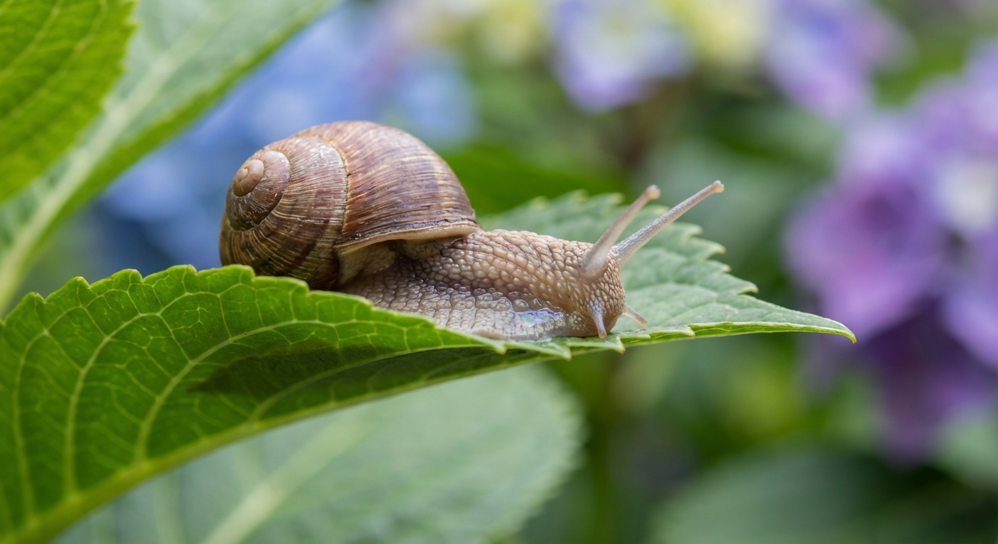 Macro-photographie d'un escargot sur une feuille d'hortensia montrant les dégâts du parasite.