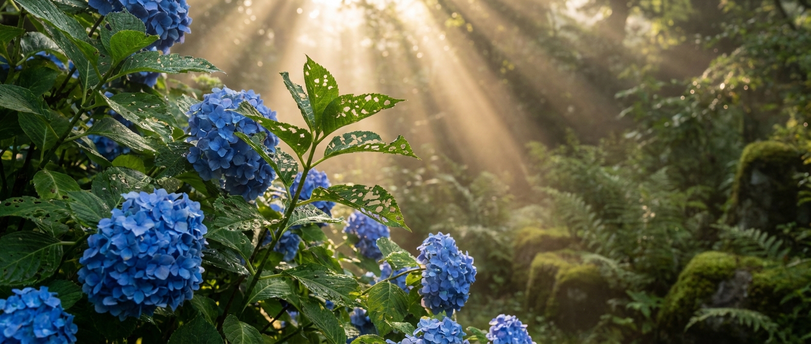 Un massif d'hortensias bleus aux feuilles grignotées sous une lumière matinale cinématographique.