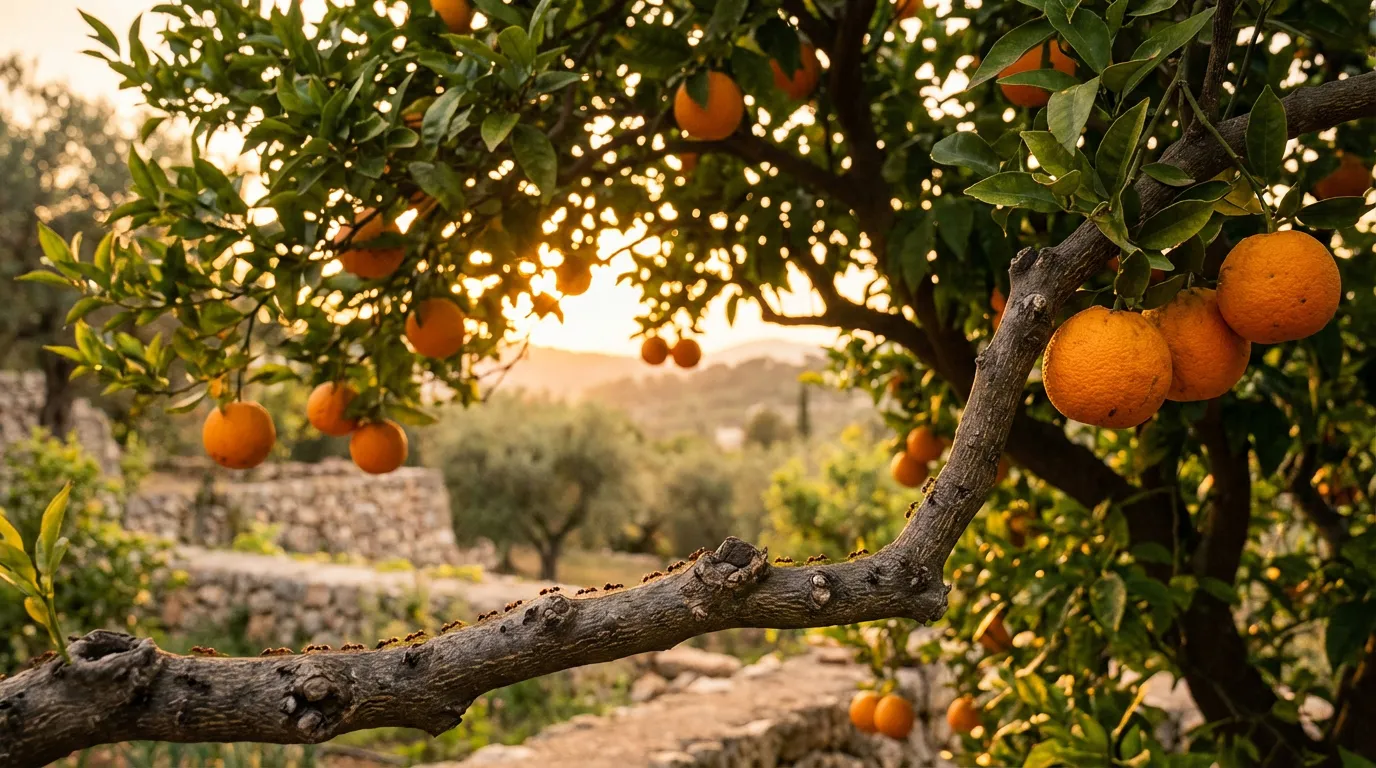 Branche d'oranger au soleil avec des fruits mûrs et une colonne de fourmis