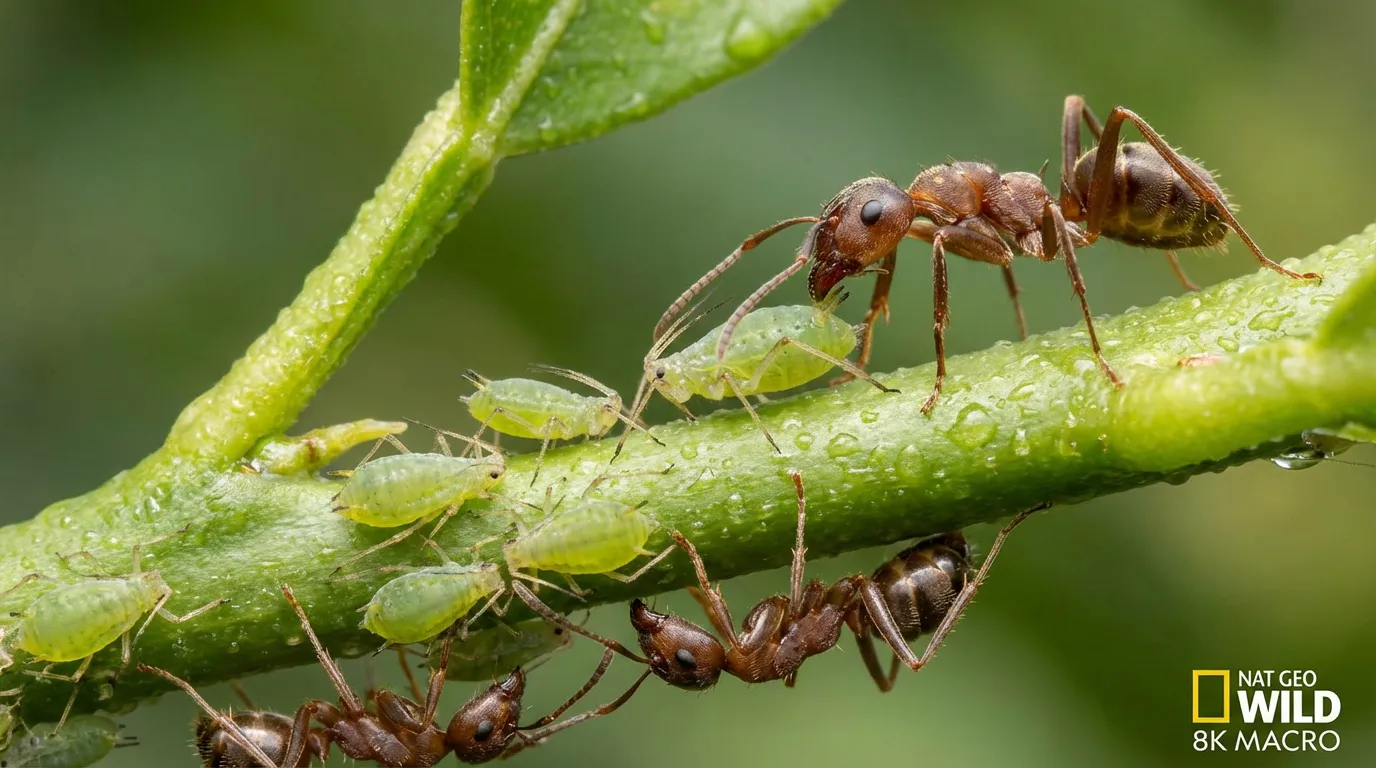 Fourmis élevant des pucerons sur une tige d'oranger