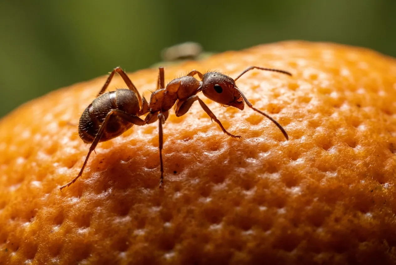 Gros plan macro d'une fourmi sur la peau d'une orange
