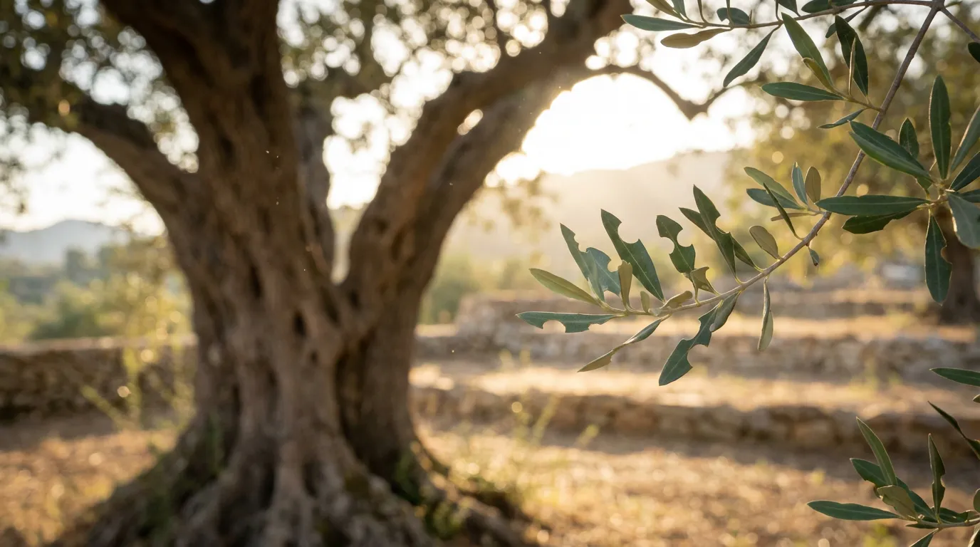 Vue panoramique d'un olivier majestueux au coucher du soleil avec des détails de feuilles mangées au premier plan
