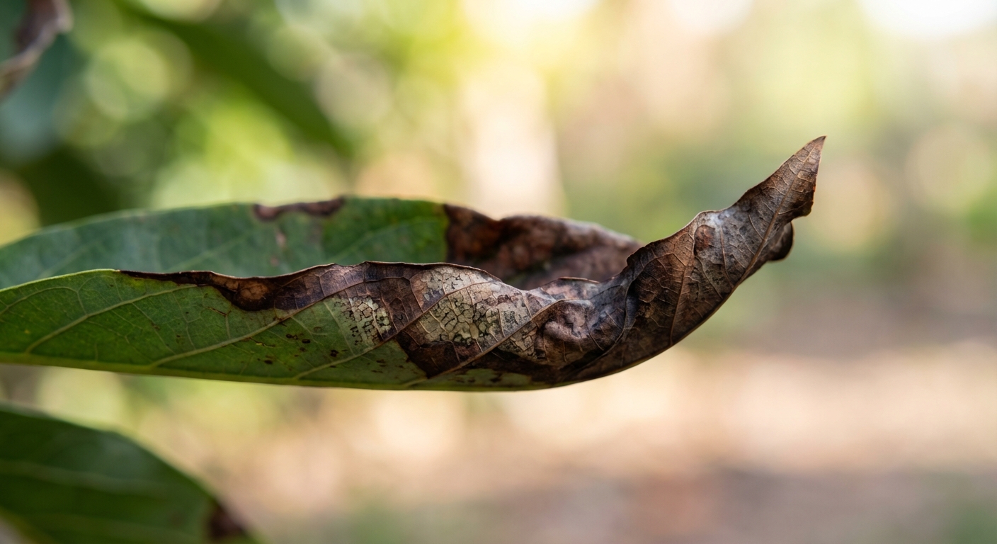 Détail macro d'une feuille d'avocatier dont les bords brunissent