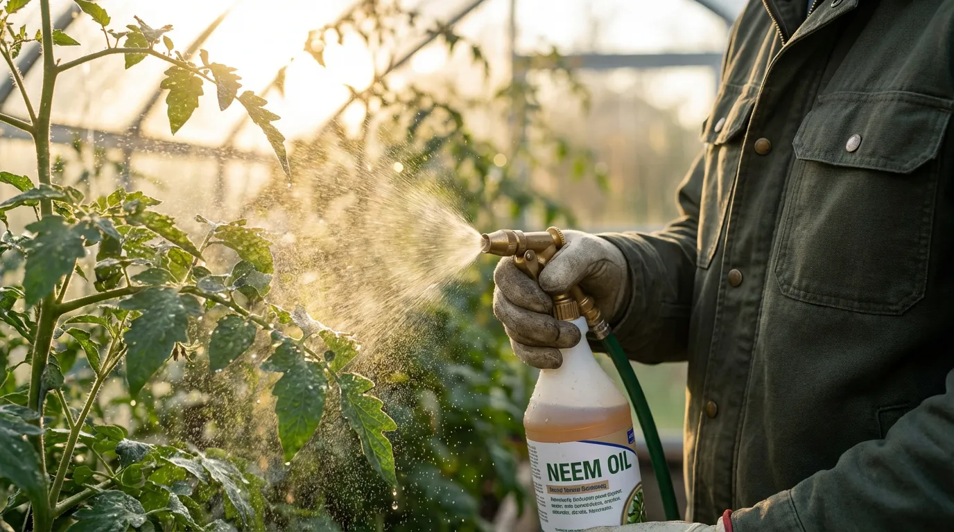 Application d'un traitement naturel en spray sur des plants de tomates