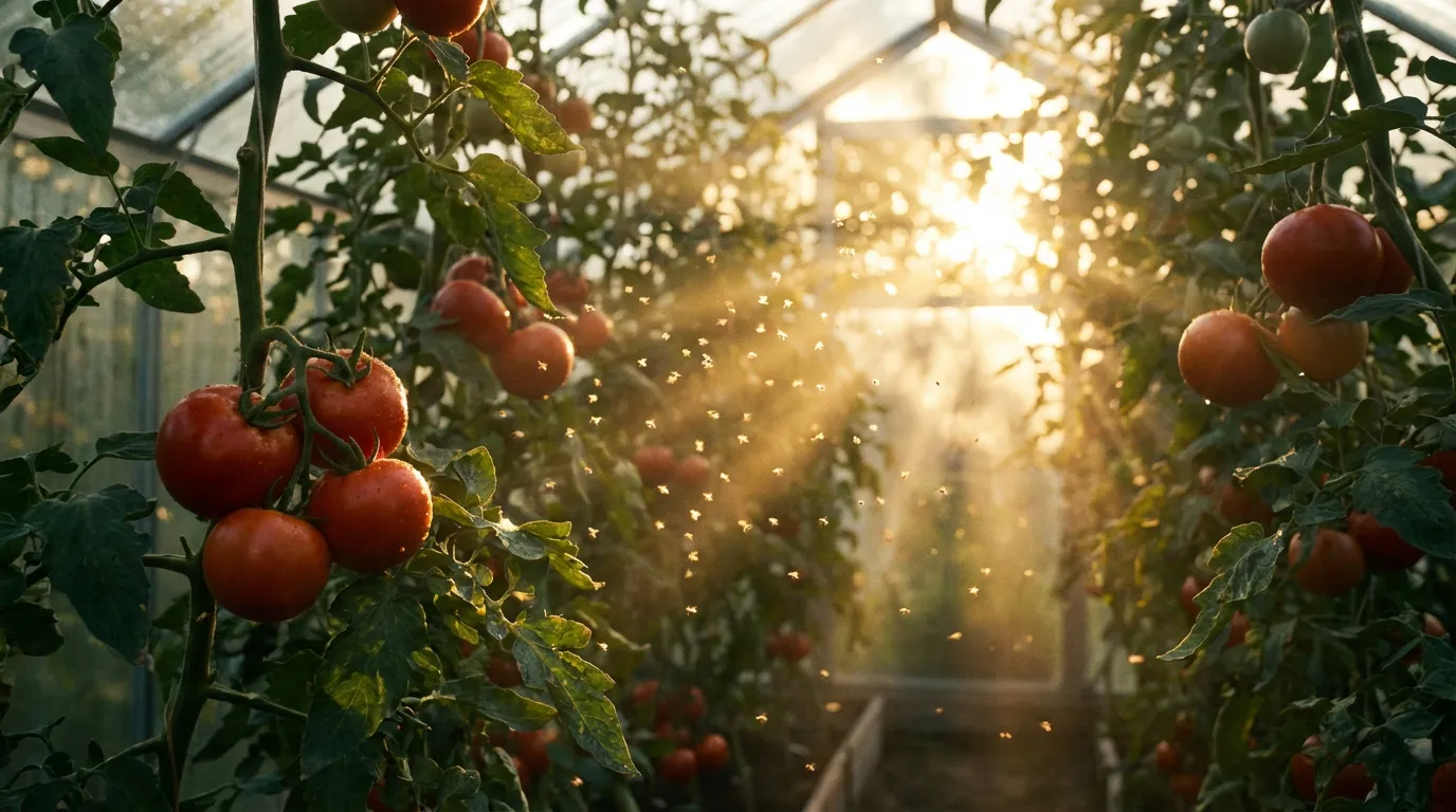 Moucherons volant autour de tomates mûres dans un potager au coucher du soleil