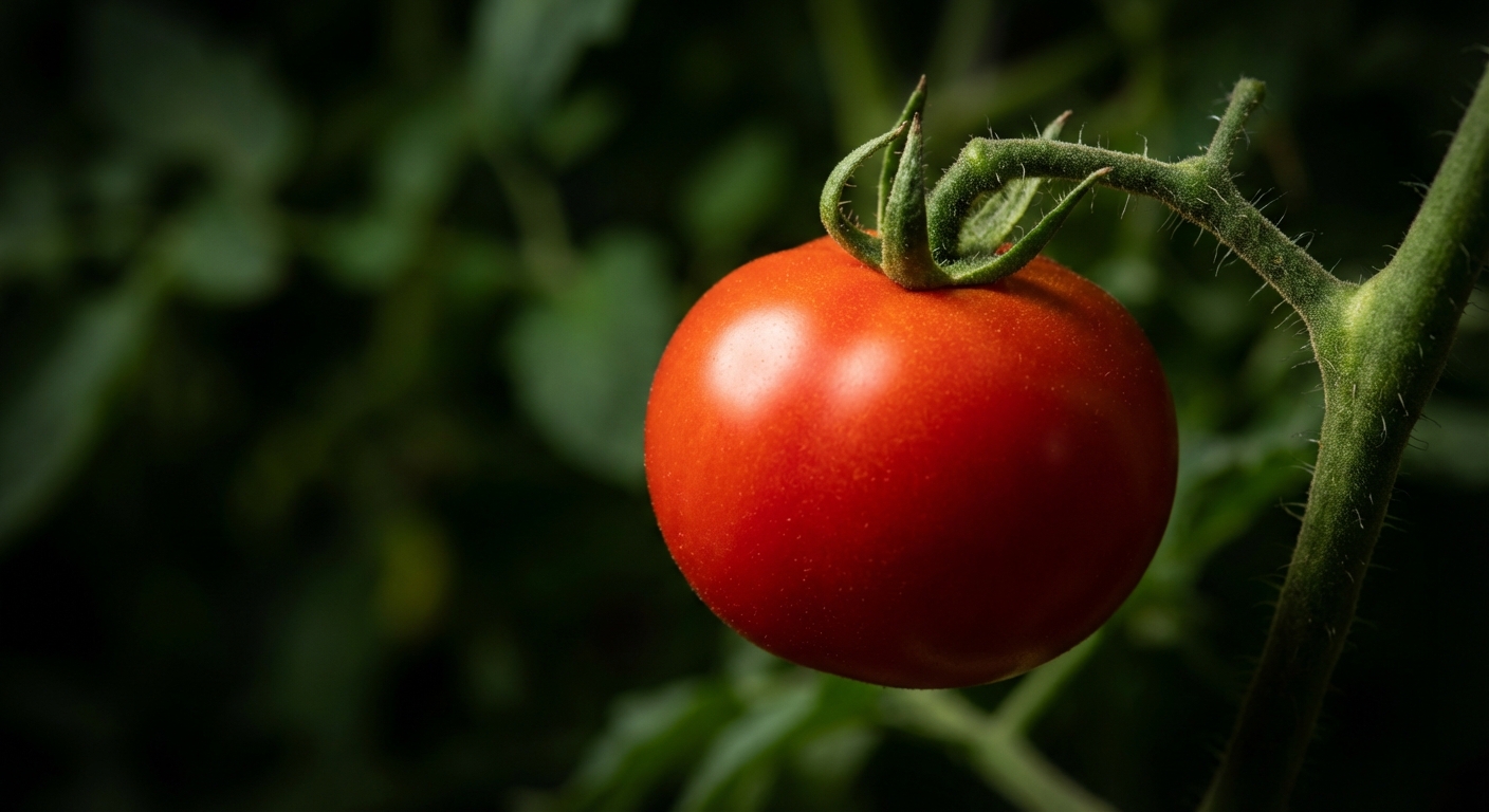 Gros plan iconique d'une tomate rouge parfaite sur son plant.