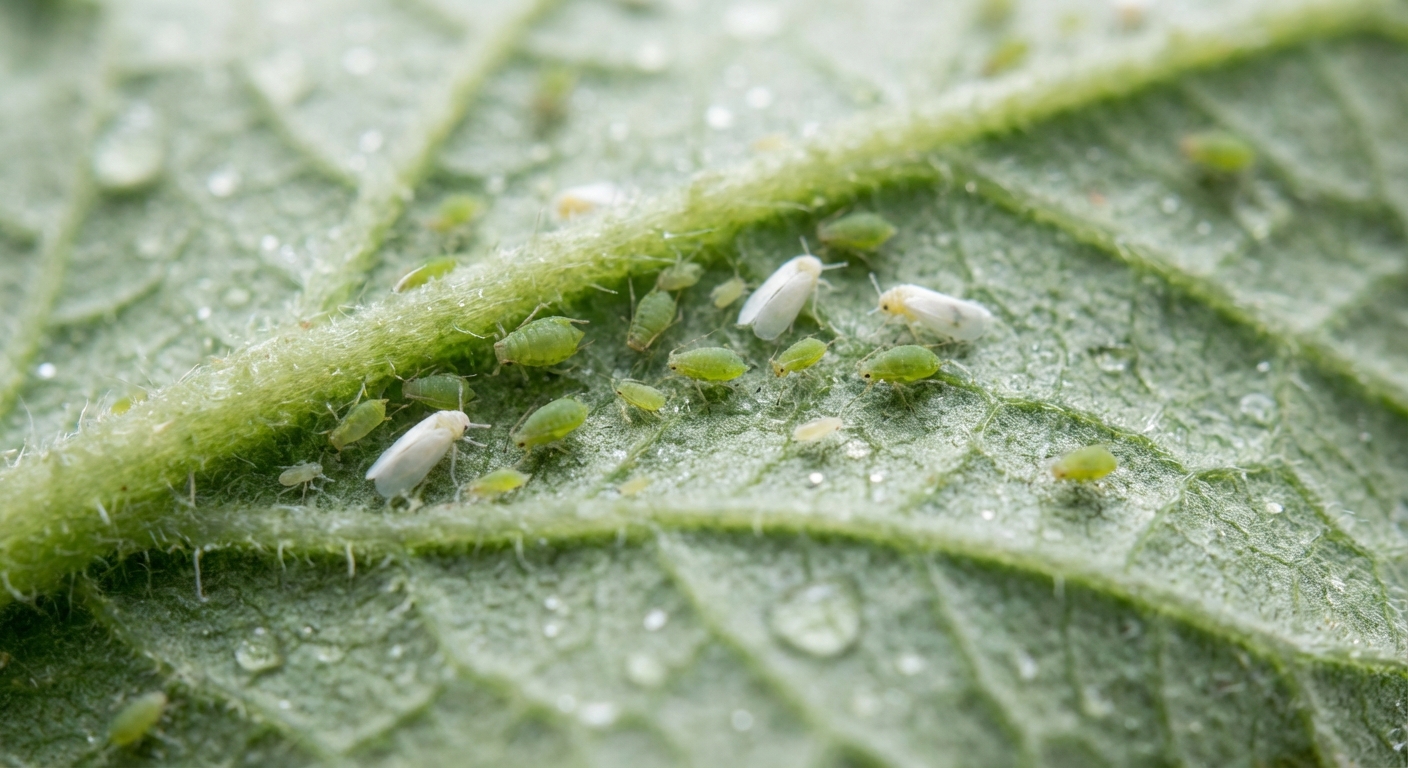 Photographie macro de petits moucherons sur la texture d'une feuille de tomate.