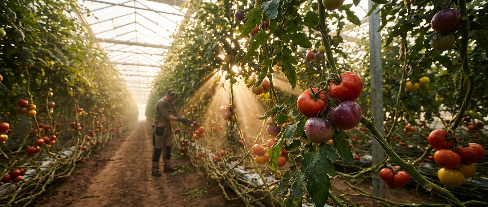 Vue panoramique d'une serre de tomates luxuriante baignée par la lumière du matin.
