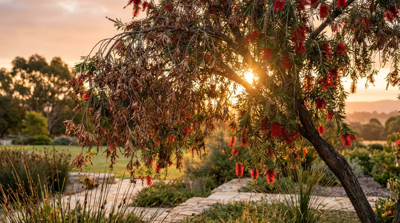 Arbuste rince-bouteille avec des feuilles séchées et des fleurs rouges baigné de lumière au coucher du soleil