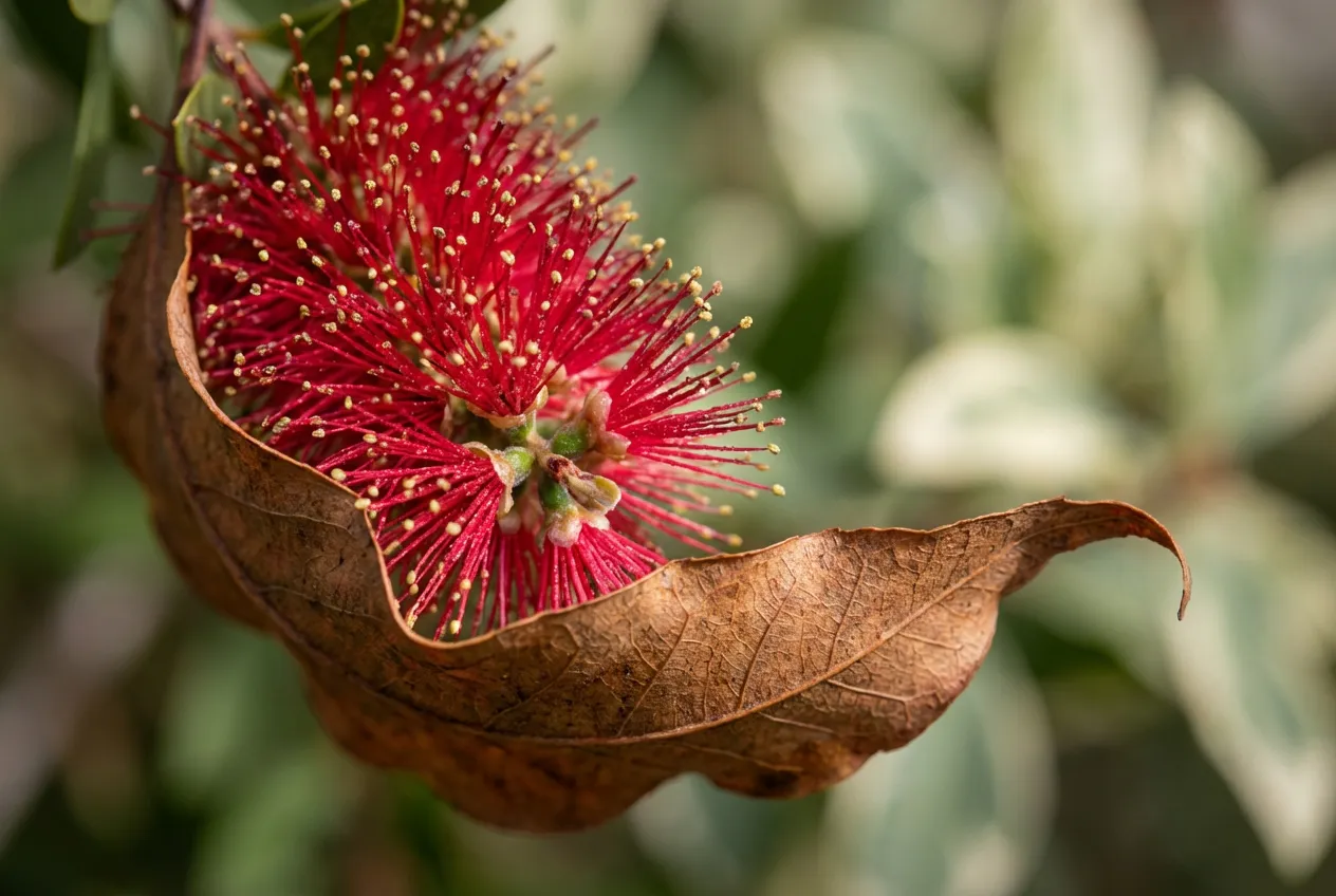 Gros plan sur une fleur de rince-bouteille rouge à côté d'une feuille morte marron