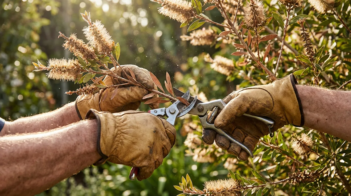 Jardinier taillant les branches mortes d'un rince-bouteille avec un sécateur professionnel