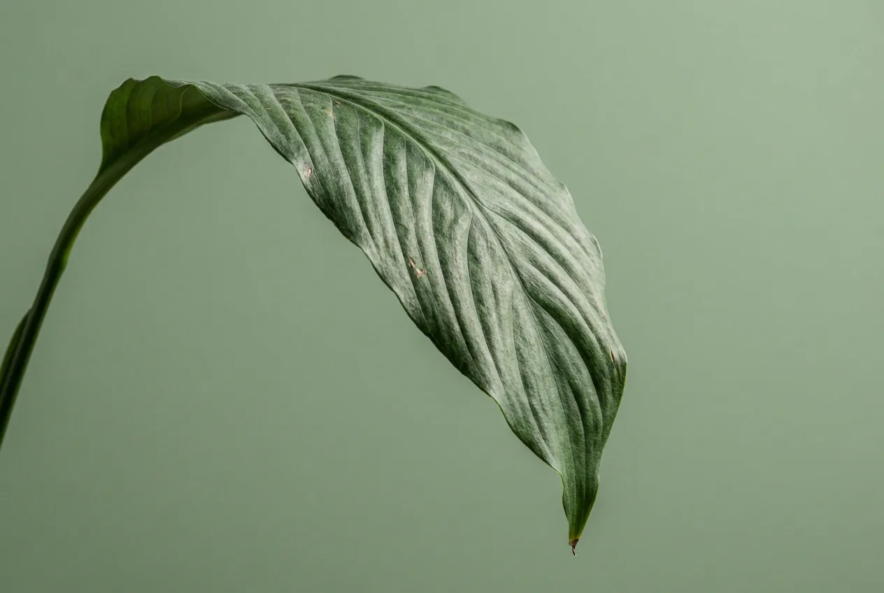 Gros plan sur une feuille de Spathiphyllum qui tombe sur fond uni