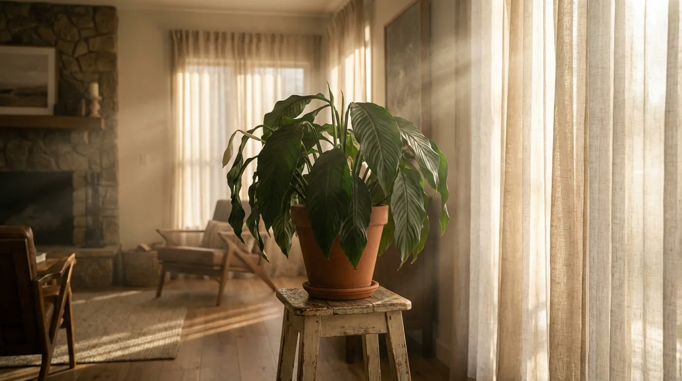 Spathiphyllum aux feuilles tombantes dans un salon moderne baigné de lumière dorée