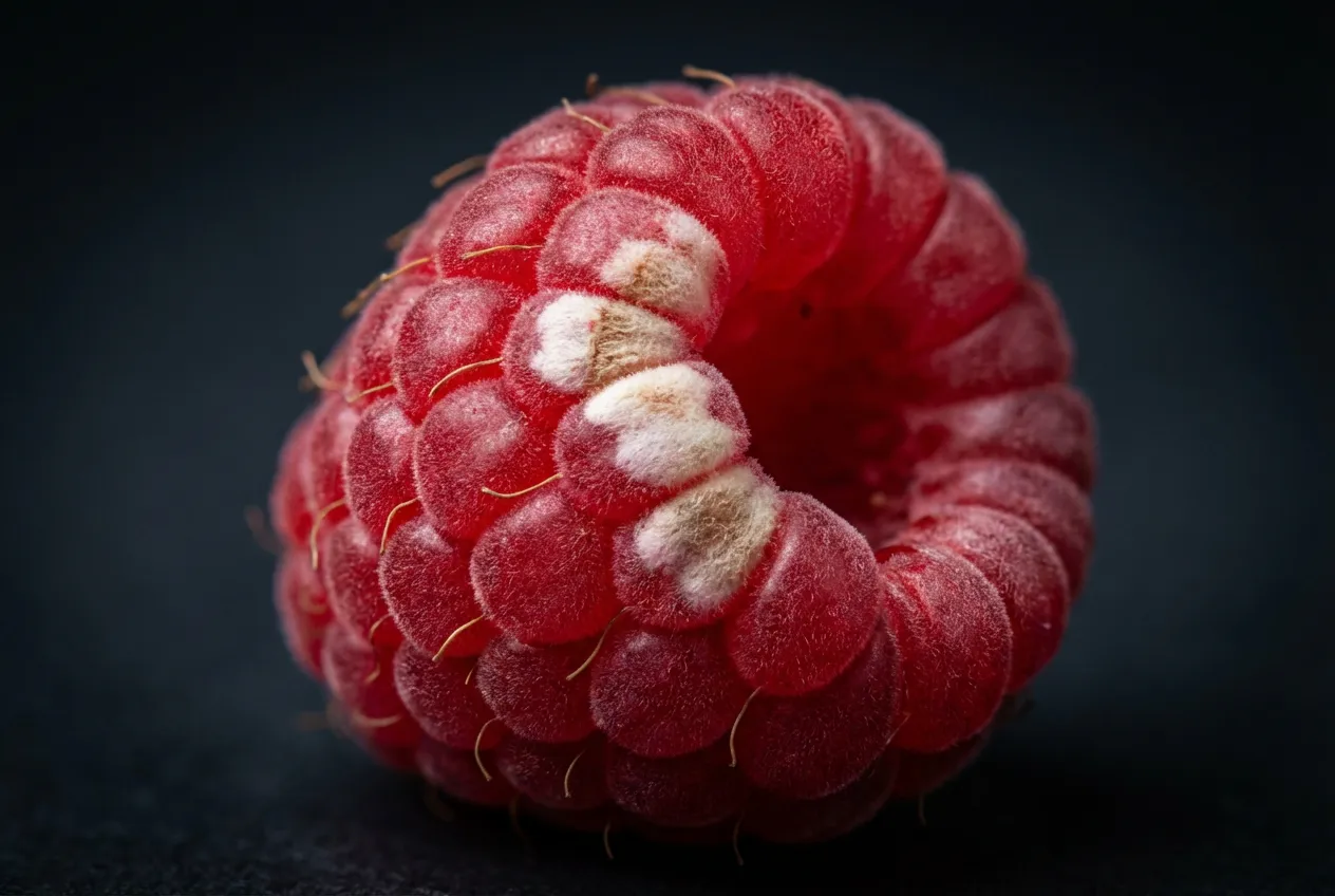 Gros plan macro sur une framboise atteinte du syndrome des drupes blanches