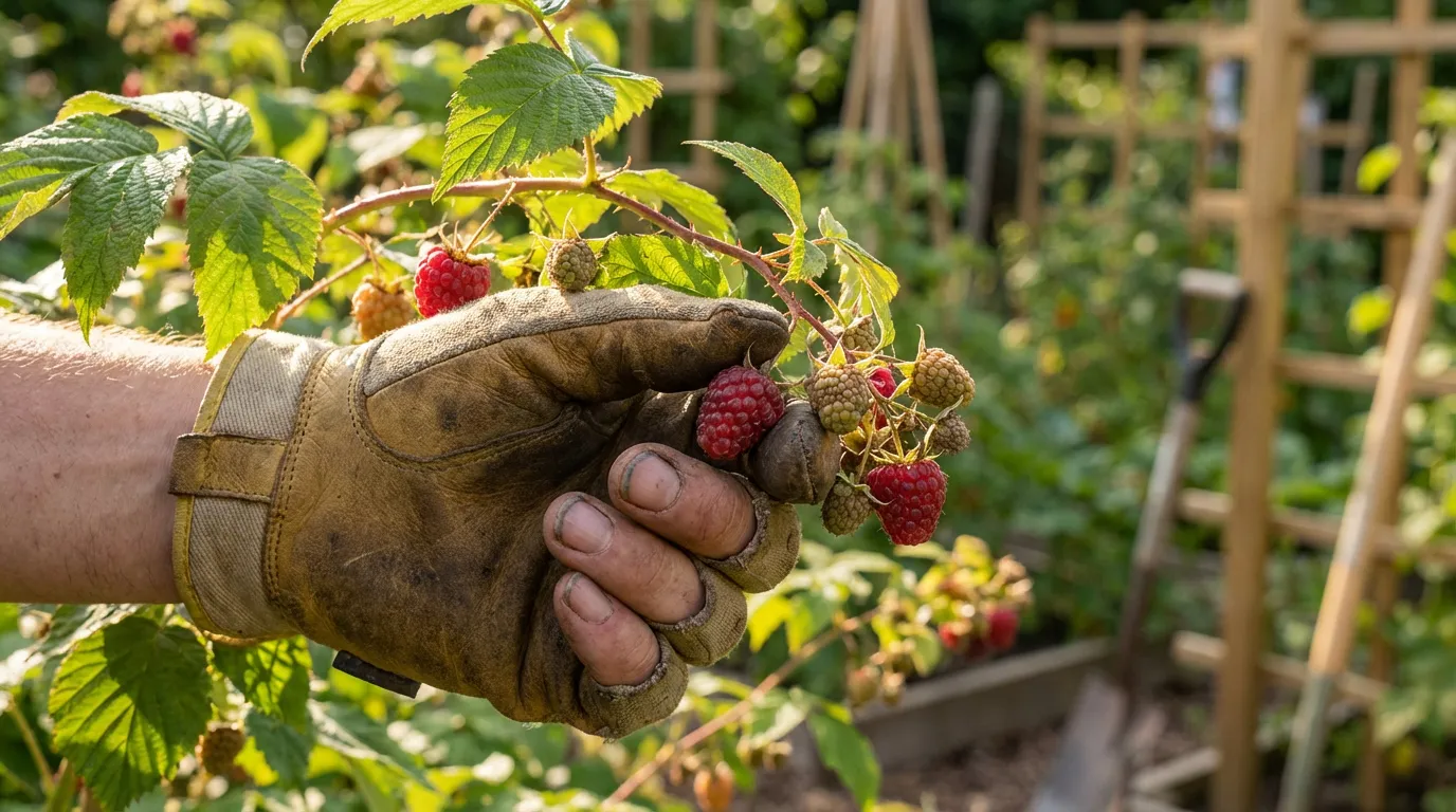 Jardinier inspectant les feuilles et fruits d'un framboisier pour prévenir les maladies