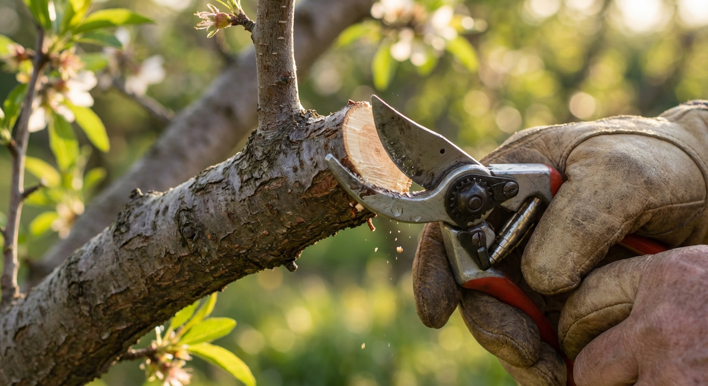 Détail précis du geste de coupe pour réussir la bouture d'un amandier.