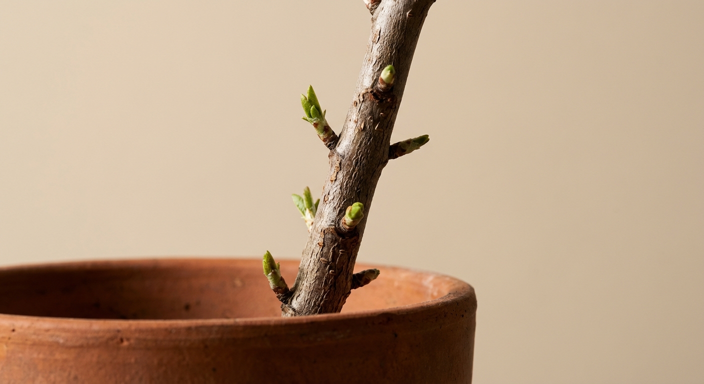 Méthode et période pour bouturer un amandier facilement Gros plan minimaliste d'une bouture d'amandier dans un pot en terre cuite.