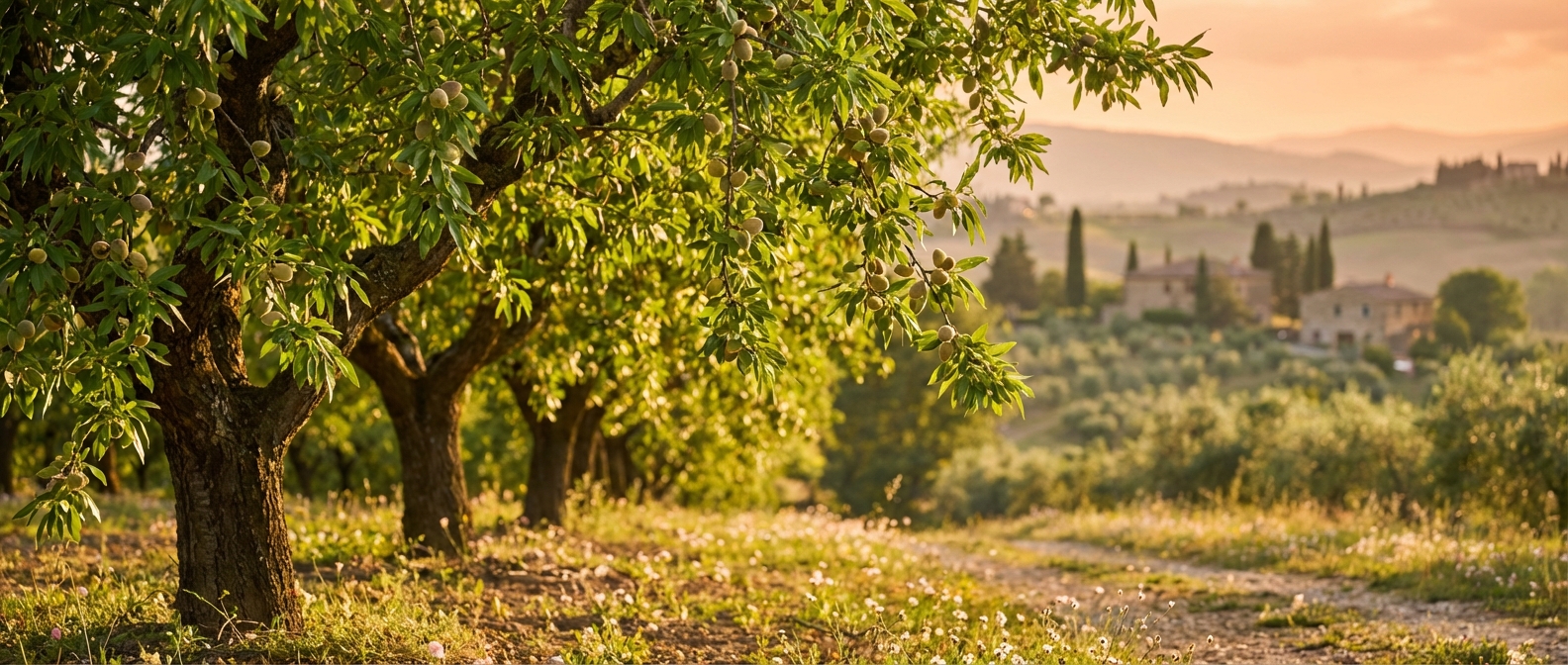 Vue cinématographique d'un verger d'amandiers baigné par la lumière dorée du soleil couchant.