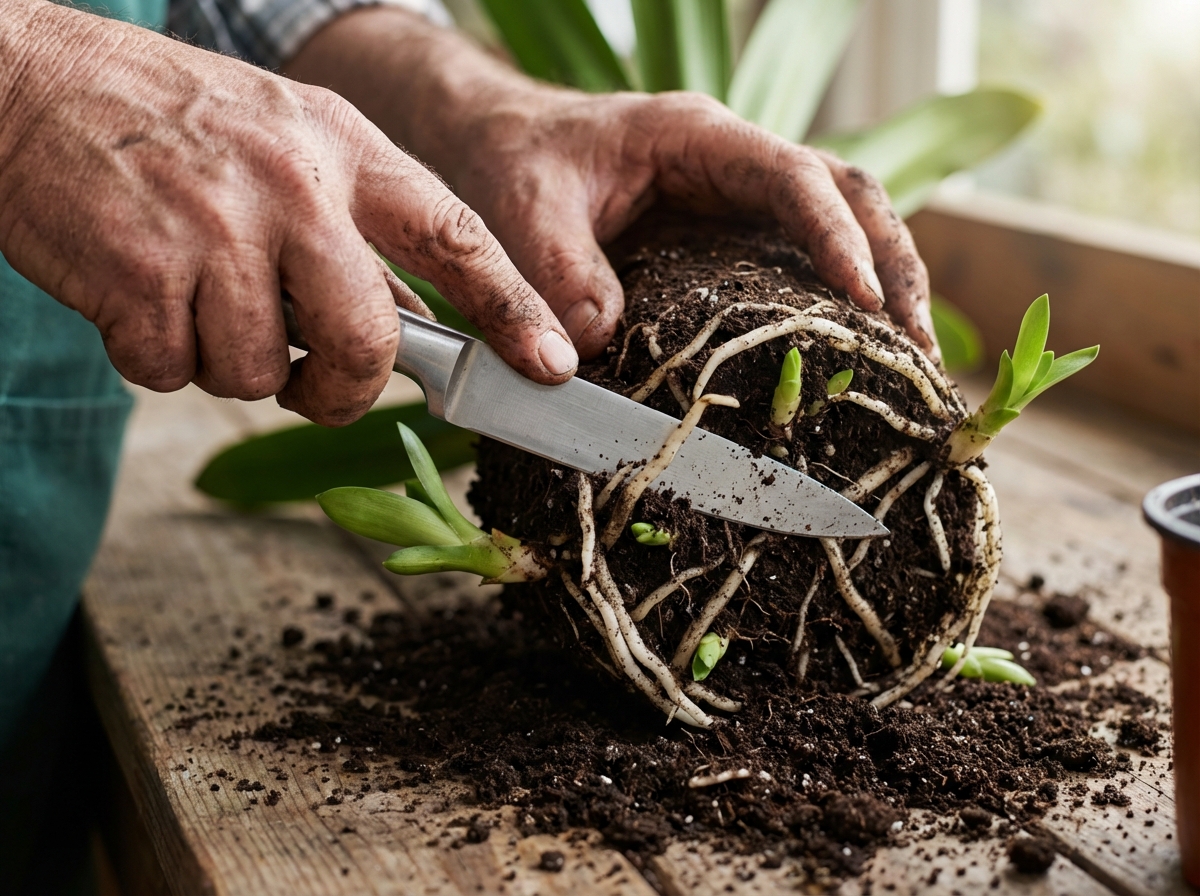 Détail de la division manuelle des racines d'un clivia pour la bouture