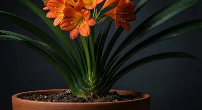 Gros plan contrasté d'une fleur de clivia sur fond sombre