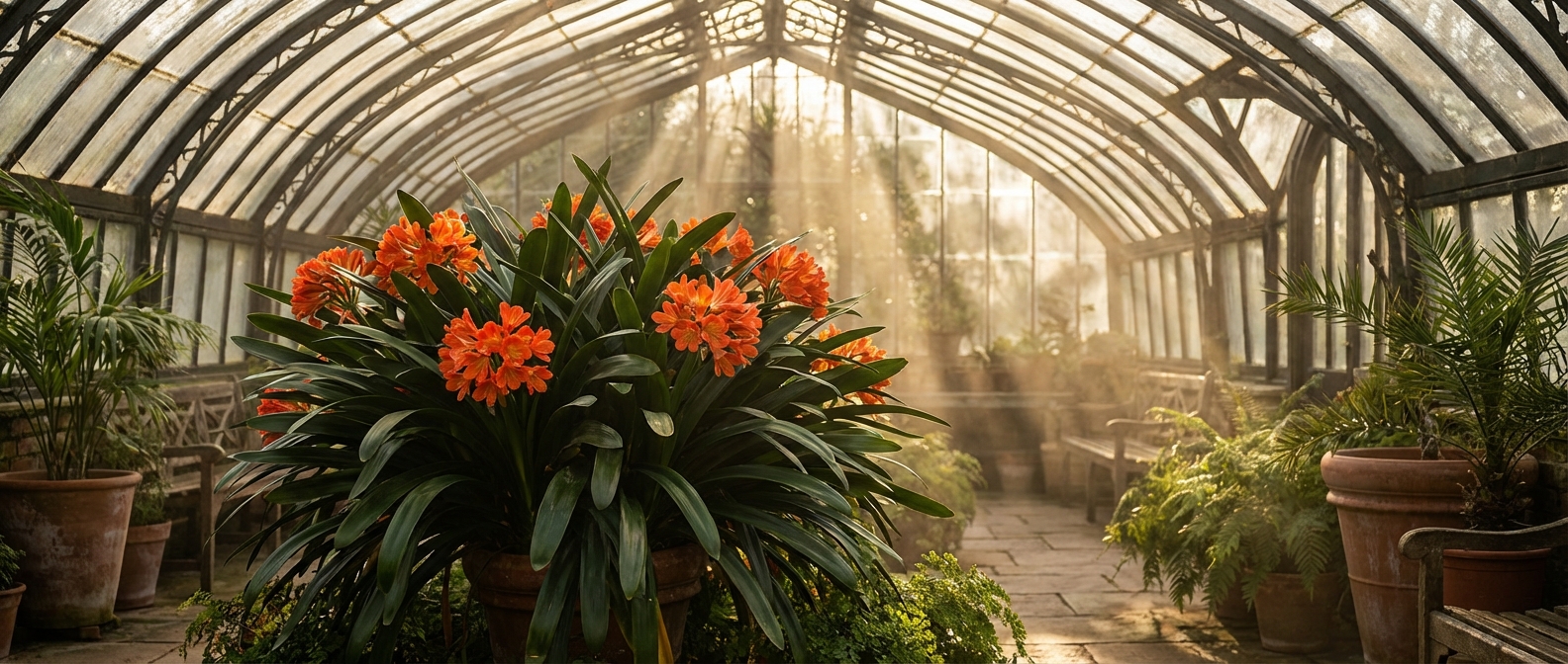 Un magnifique clivia en fleurs dans une serre ensoleillée prêt pour la multiplication
