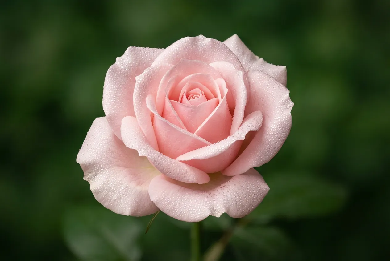 Gros plan macro sur une rose rose parfaite avec de la rosée matinale
