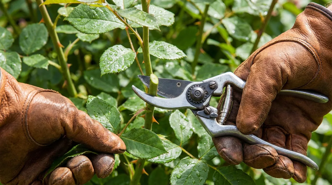 Mains d'un jardinier taillant un rosier avec un sécateur professionnel pour prolonger sa durée de vie