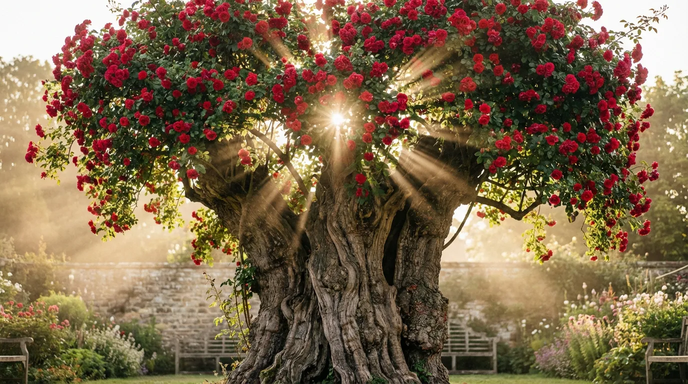 Vieux rosier majestueux au tronc noueux en pleine floraison dans un jardin luxuriant au coucher du soleil