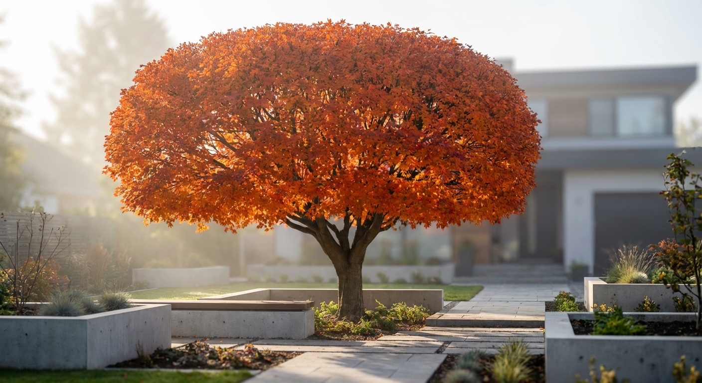 Aménagement paysager avec un érable Autumn Blaze montrant sa silhouette équilibrée et sa croissance rapide