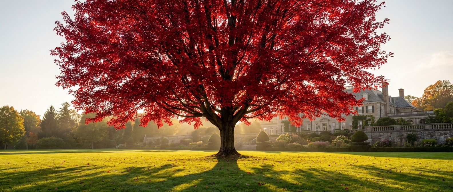 Un érable Autumn Blaze majestueux au feuillage rouge flamboyant dans un jardin de prestige au coucher du soleil