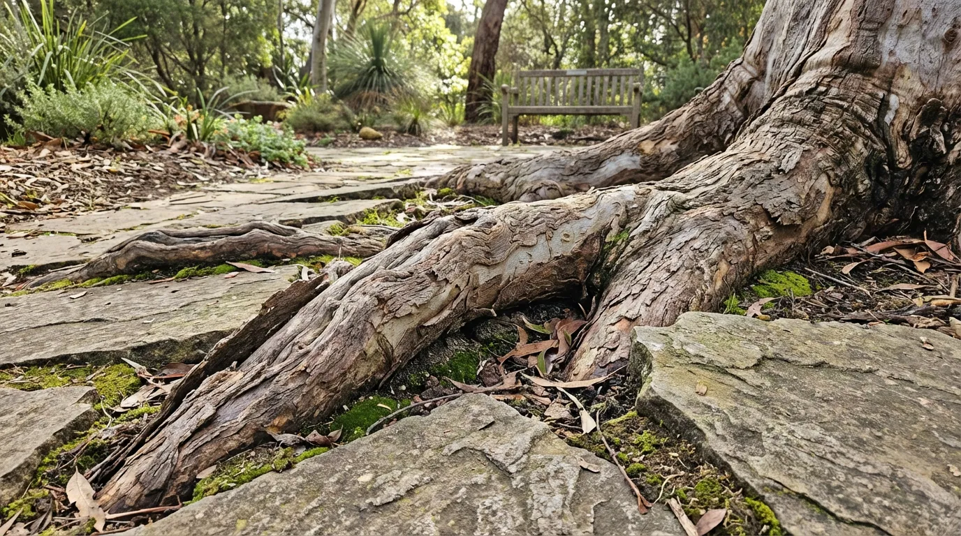 Racines d'eucalyptus soulevant des pavés dans une allée de jardin