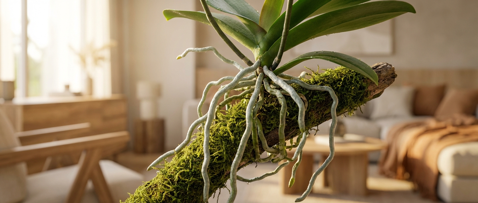 Orchidées et racines aériennes - Direction artistique Magazine Une orchidée majestueuse avec des racines aériennes argentées poussant sur sa tige dans un intérieur élégant