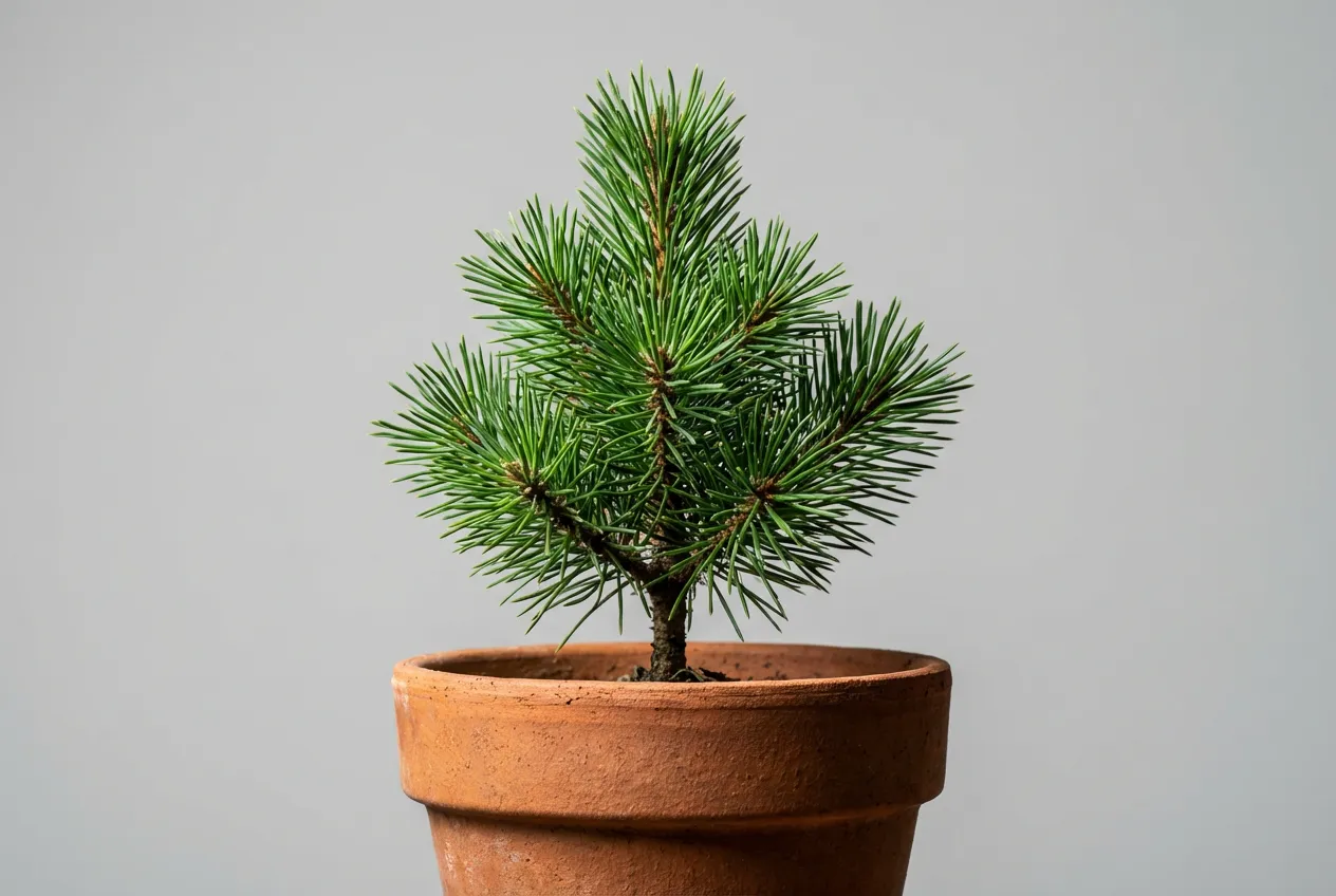 Gros plan sur un jeune pin vigoureux dans un pot en terre cuite sur fond neutre